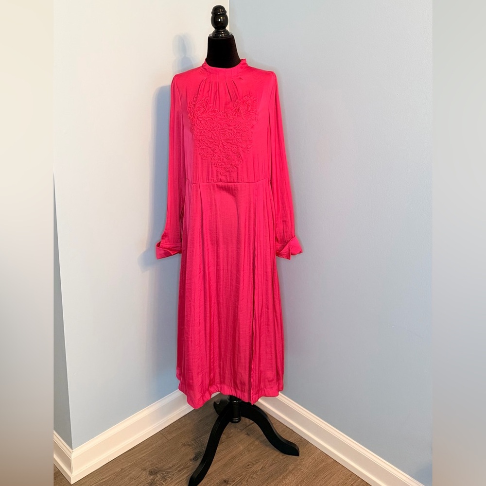 Fuchsia Embroidered Tunic Dress | Satin Feel | Long Sleeve | XS/S